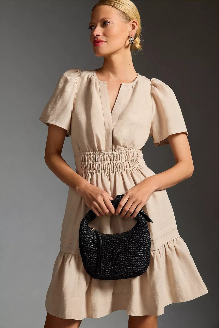 By Anthropologie Somerset Linen Mini Dress Cream Popover Short Sleeve Women's XS